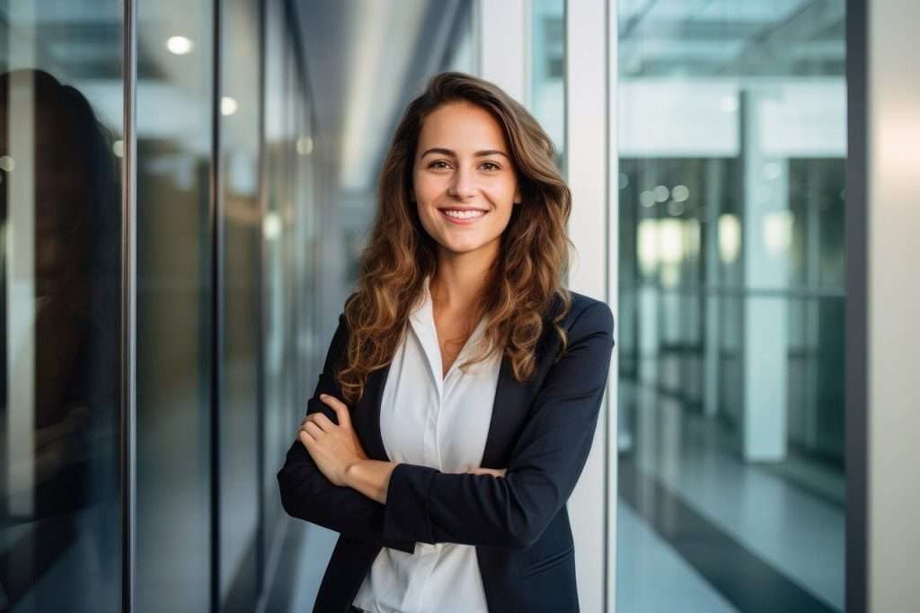 Businesswoman standing in office hallway